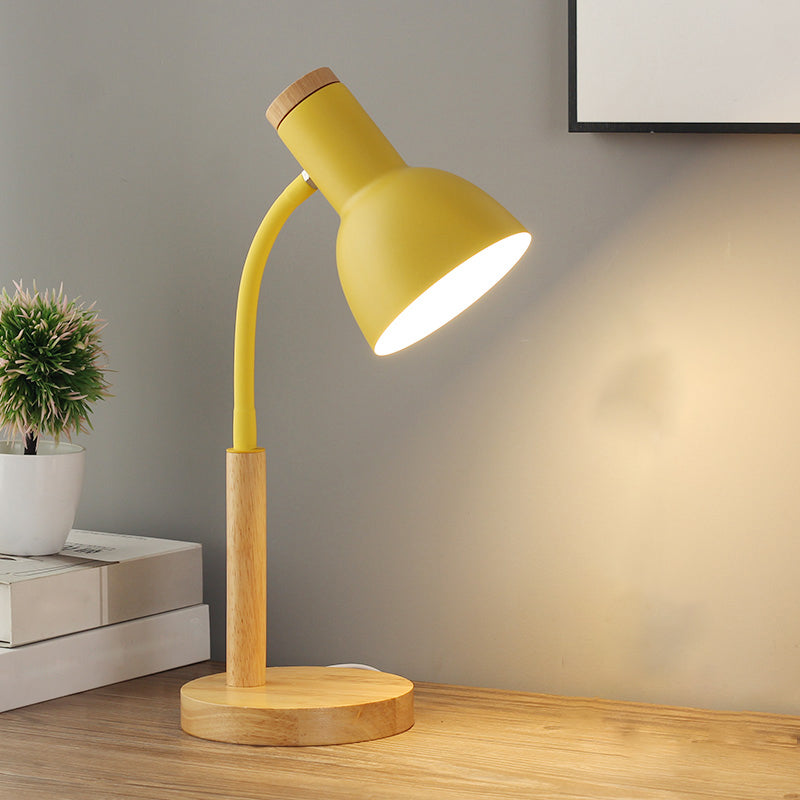 Metal Domed Night Table Lamp Simple 1 Bulb Black/White/Yellow Flexible Nightstand Light with Wood Round Base Yellow Clearhalo 'Lamps' 'Table Lamps' Lighting' 1771106