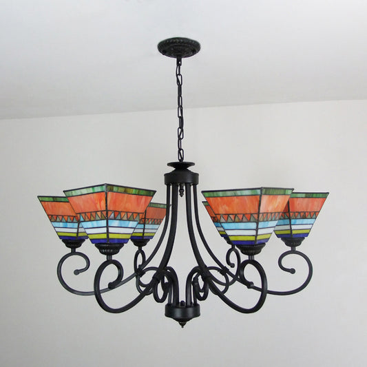 Stained Glass Pyramid Chandelier Mission Style 6 Lights Hanging Light in Pink/Orange for Living Room Clearhalo 'Ceiling Lights' 'Chandeliers' 'Industrial' 'Middle Century Chandeliers' 'Tiffany Chandeliers' 'Tiffany close to ceiling' 'Tiffany' Lighting' 177110