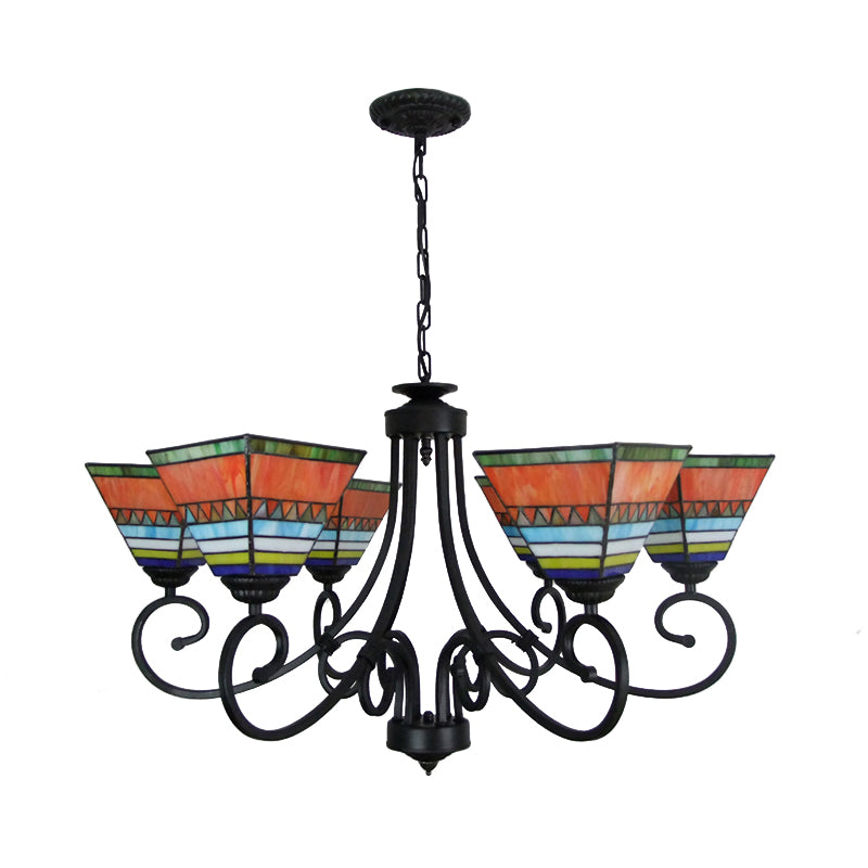 Stained Glass Pyramid Chandelier Mission Style 6 Lights Hanging Light in Pink/Orange for Living Room Clearhalo 'Ceiling Lights' 'Chandeliers' 'Industrial' 'Middle Century Chandeliers' 'Tiffany Chandeliers' 'Tiffany close to ceiling' 'Tiffany' Lighting' 177111