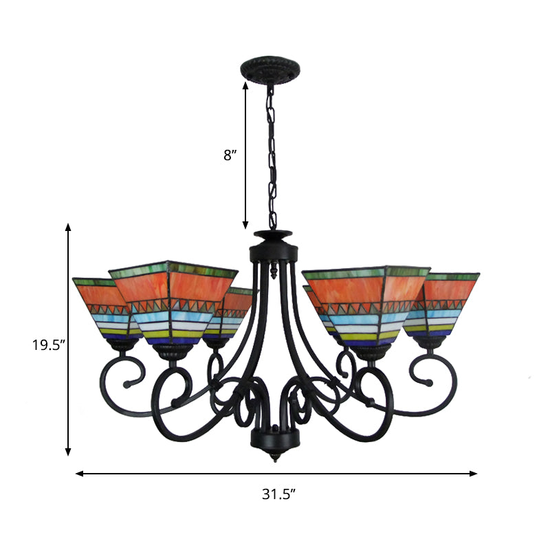 Stained Glass Pyramid Chandelier Mission Style 6 Lights Hanging Light in Pink/Orange for Living Room Clearhalo 'Ceiling Lights' 'Chandeliers' 'Industrial' 'Middle Century Chandeliers' 'Tiffany Chandeliers' 'Tiffany close to ceiling' 'Tiffany' Lighting' 177112