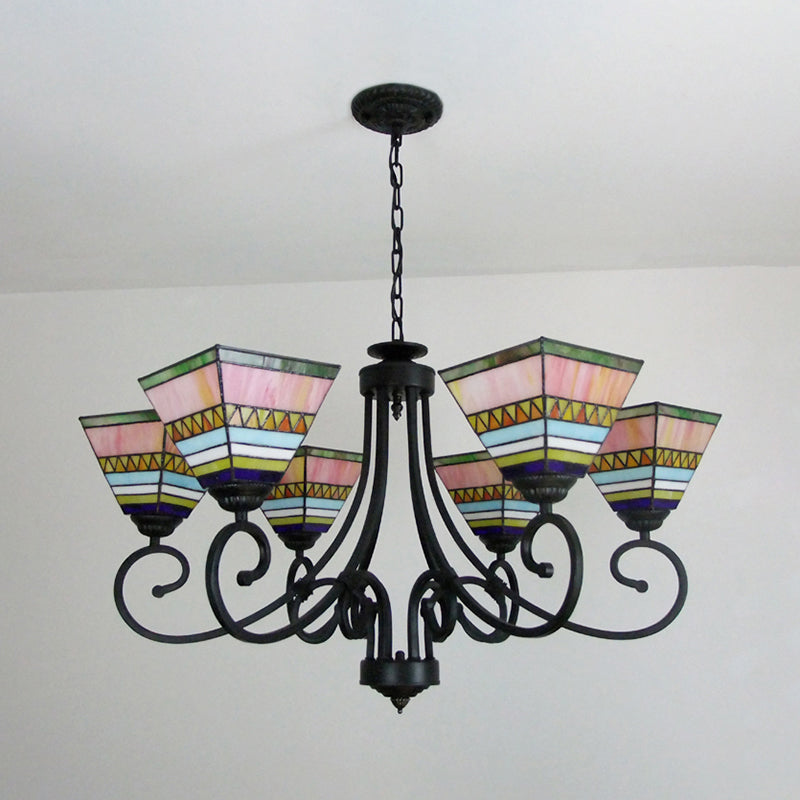 Stained Glass Pyramid Chandelier Mission Style 6 Lights Hanging Light in Pink/Orange for Living Room Clearhalo 'Ceiling Lights' 'Chandeliers' 'Industrial' 'Middle Century Chandeliers' 'Tiffany Chandeliers' 'Tiffany close to ceiling' 'Tiffany' Lighting' 177114