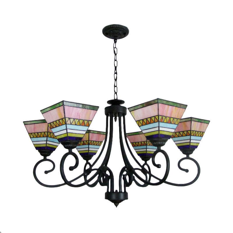 Stained Glass Pyramid Chandelier Mission Style 6 Lights Hanging Light in Pink/Orange for Living Room Clearhalo 'Ceiling Lights' 'Chandeliers' 'Industrial' 'Middle Century Chandeliers' 'Tiffany Chandeliers' 'Tiffany close to ceiling' 'Tiffany' Lighting' 177115