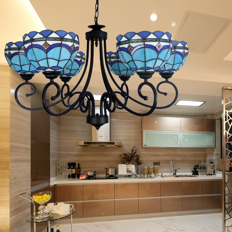 Blue Glass Bowl Chandelier 6 Lights Baroque Pendant Light with Metal Chain for Living Room Blue Clearhalo 'Ceiling Lights' 'Chandeliers' 'Industrial' 'Middle Century Chandeliers' 'Tiffany Chandeliers' 'Tiffany close to ceiling' 'Tiffany' Lighting' 177116