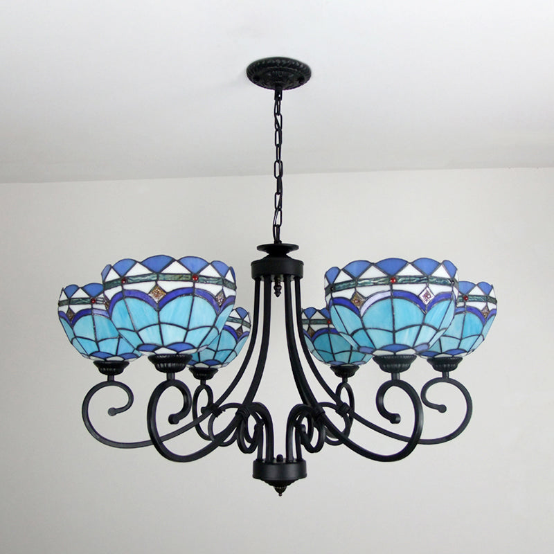 Blue Glass Bowl Chandelier 6 Lights Baroque Pendant Light with Metal Chain for Living Room Clearhalo 'Ceiling Lights' 'Chandeliers' 'Industrial' 'Middle Century Chandeliers' 'Tiffany Chandeliers' 'Tiffany close to ceiling' 'Tiffany' Lighting' 177117
