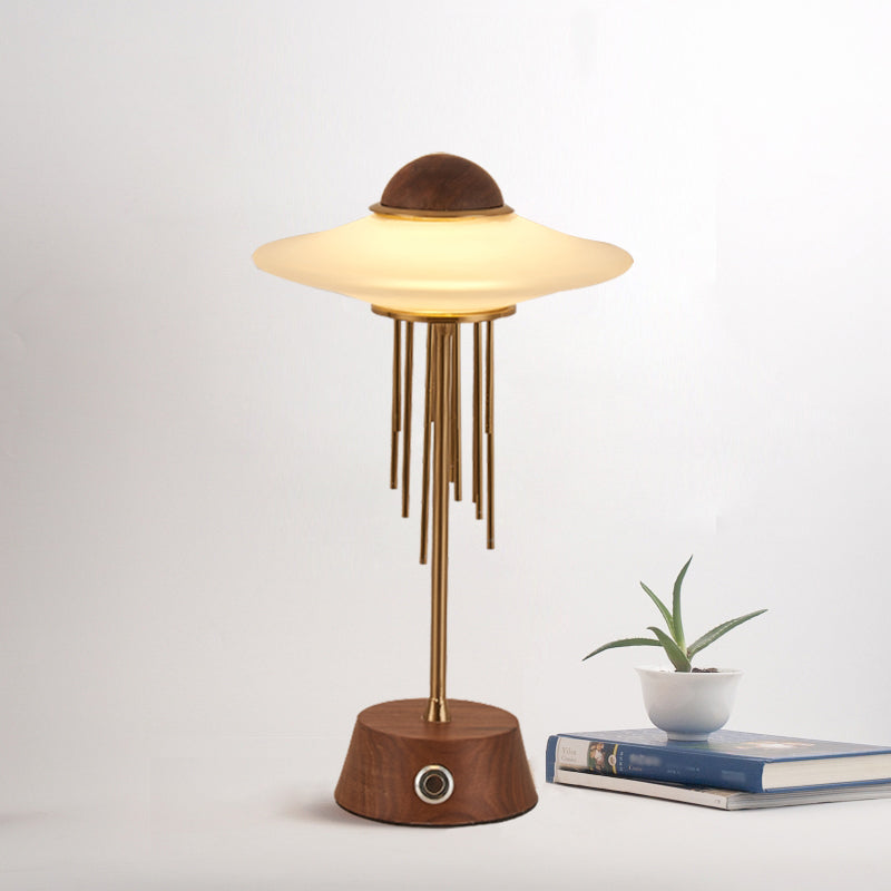 Tubular Desk Lamp Contemporary Metal LED Bedroom Table Lighting in Brown with UFO Frosted Glass Shade Brown Clearhalo 'Lamps' 'Table Lamps' Lighting' 1771172