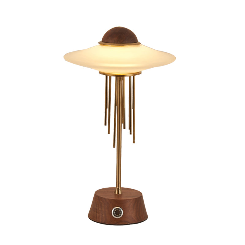 Tubular Desk Lamp Contemporary Metal LED Bedroom Table Lighting in Brown with UFO Frosted Glass Shade Clearhalo 'Lamps' 'Table Lamps' Lighting' 1771174
