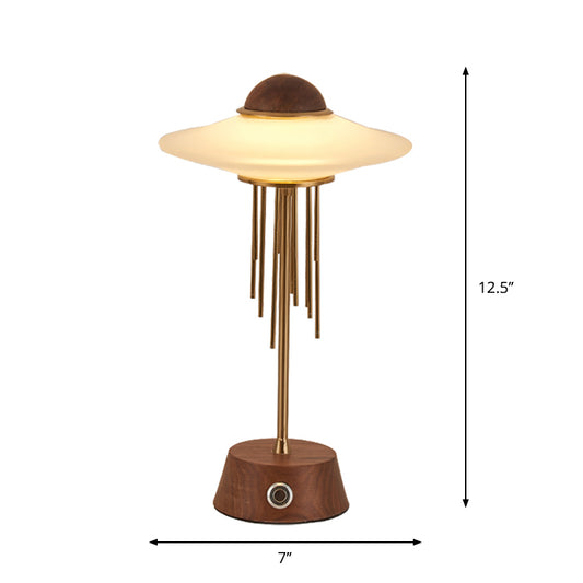 Tubular Desk Lamp Contemporary Metal LED Bedroom Table Lighting in Brown with UFO Frosted Glass Shade Clearhalo 'Lamps' 'Table Lamps' Lighting' 1771175