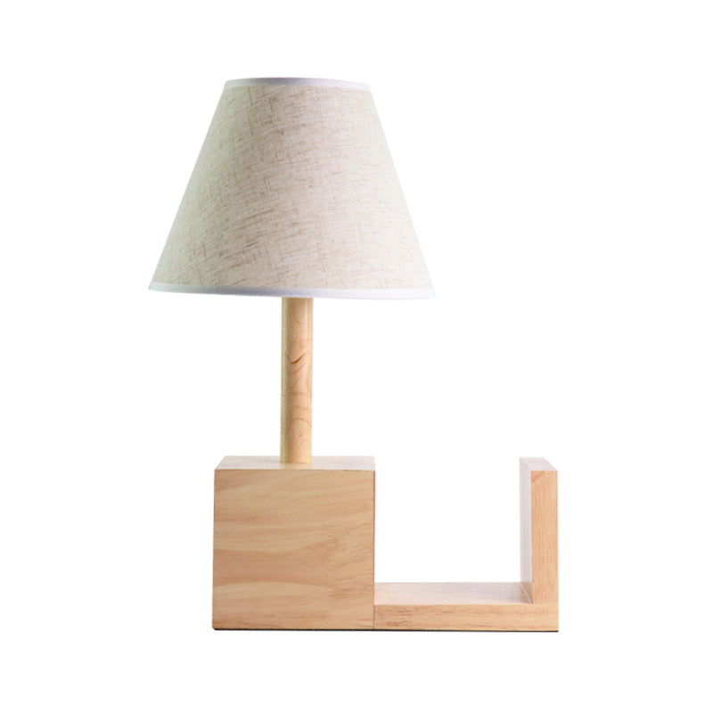 Tapered Fabric Night Table Light Contemporary 1 Head White Desk Lighting with Wood Shelf Base Clearhalo 'Lamps' 'Table Lamps' Lighting' 1771178