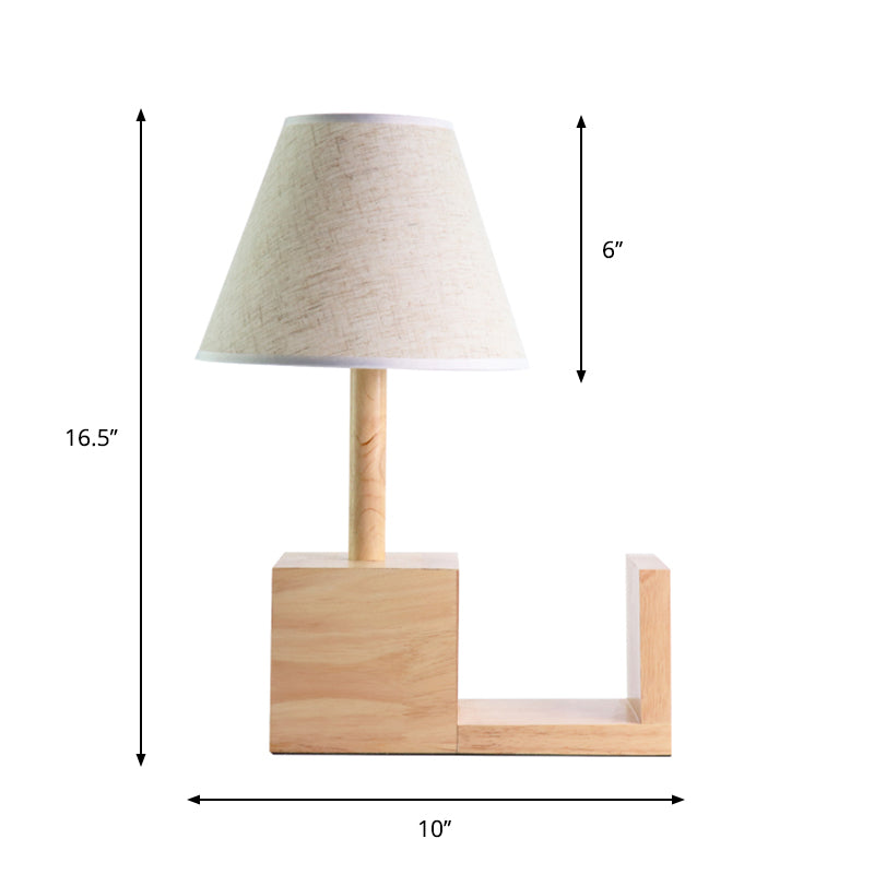 Tapered Fabric Night Table Light Contemporary 1 Head White Desk Lighting with Wood Shelf Base Clearhalo 'Lamps' 'Table Lamps' Lighting' 1771179