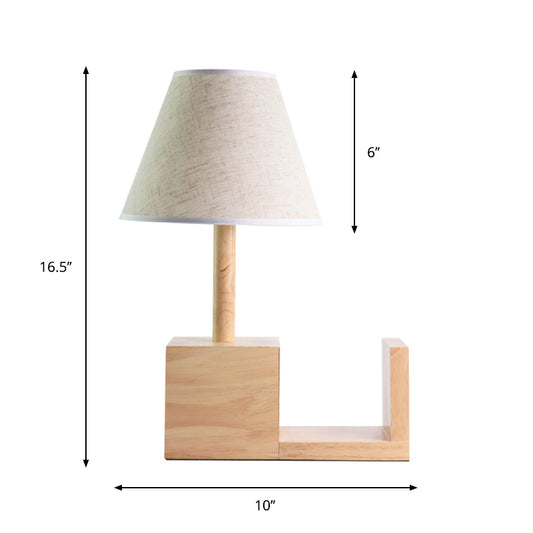 Tapered Fabric Night Table Light Contemporary 1 Head White Desk Lighting with Wood Shelf Base Clearhalo 'Lamps' 'Table Lamps' Lighting' 1771179