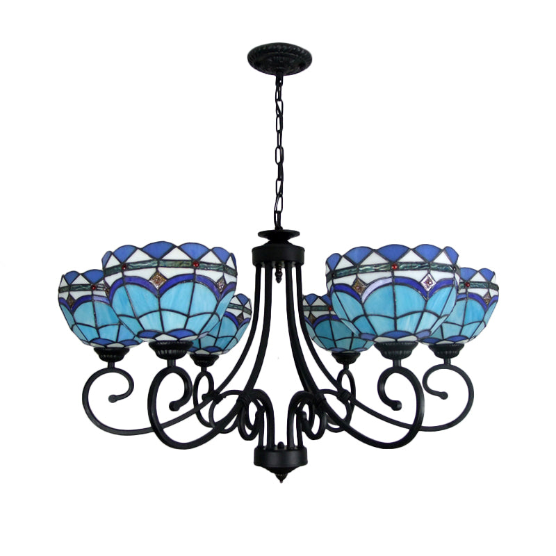 Blue Glass Bowl Chandelier 6 Lights Baroque Pendant Light with Metal Chain for Living Room Clearhalo 'Ceiling Lights' 'Chandeliers' 'Industrial' 'Middle Century Chandeliers' 'Tiffany Chandeliers' 'Tiffany close to ceiling' 'Tiffany' Lighting' 177118