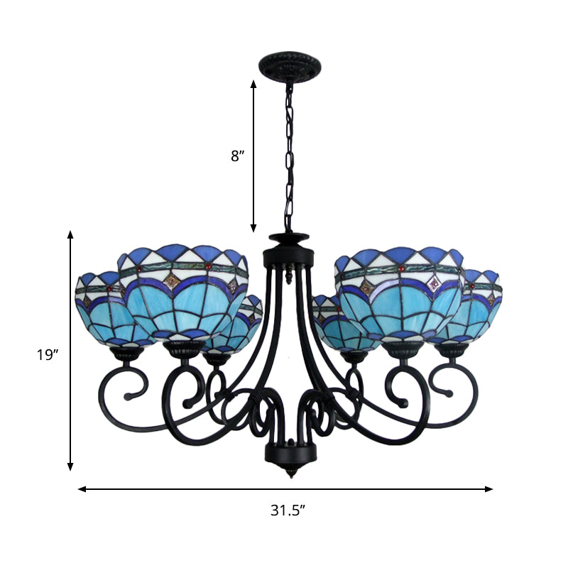 Blue Glass Bowl Chandelier 6 Lights Baroque Pendant Light with Metal Chain for Living Room Clearhalo 'Ceiling Lights' 'Chandeliers' 'Industrial' 'Middle Century Chandeliers' 'Tiffany Chandeliers' 'Tiffany close to ceiling' 'Tiffany' Lighting' 177119