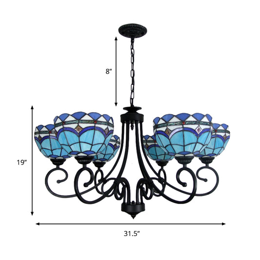 Blue Glass Bowl Chandelier 6 Lights Baroque Pendant Light with Metal Chain for Living Room Clearhalo 'Ceiling Lights' 'Chandeliers' 'Industrial' 'Middle Century Chandeliers' 'Tiffany Chandeliers' 'Tiffany close to ceiling' 'Tiffany' Lighting' 177119