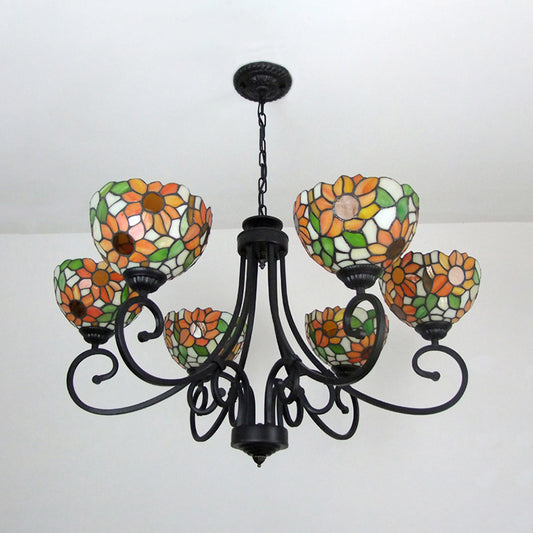 Orange Sunflower Chandelier Lamp with Metal Chain 6 Lights Stained Glass Indoor Pendant Lighting Clearhalo 'Ceiling Lights' 'Chandeliers' 'Industrial' 'Middle Century Chandeliers' 'Tiffany Chandeliers' 'Tiffany close to ceiling' 'Tiffany' Lighting' 177121