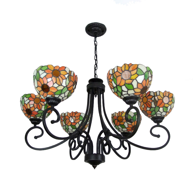 Orange Sunflower Chandelier Lamp with Metal Chain 6 Lights Stained Glass Indoor Pendant Lighting Clearhalo 'Ceiling Lights' 'Chandeliers' 'Industrial' 'Middle Century Chandeliers' 'Tiffany Chandeliers' 'Tiffany close to ceiling' 'Tiffany' Lighting' 177122