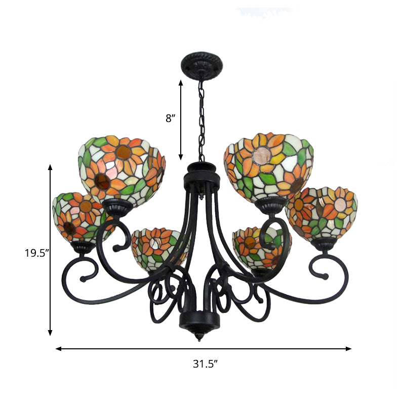 Orange Sunflower Chandelier Lamp with Metal Chain 6 Lights Stained Glass Indoor Pendant Lighting Clearhalo 'Ceiling Lights' 'Chandeliers' 'Industrial' 'Middle Century Chandeliers' 'Tiffany Chandeliers' 'Tiffany close to ceiling' 'Tiffany' Lighting' 177123