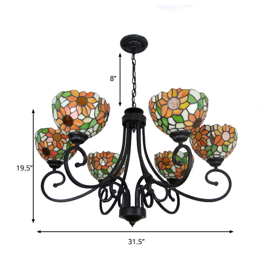 Orange Sunflower Chandelier Lamp with Metal Chain 6 Lights Stained Glass Indoor Pendant Lighting Clearhalo 'Ceiling Lights' 'Chandeliers' 'Industrial' 'Middle Century Chandeliers' 'Tiffany Chandeliers' 'Tiffany close to ceiling' 'Tiffany' Lighting' 177123
