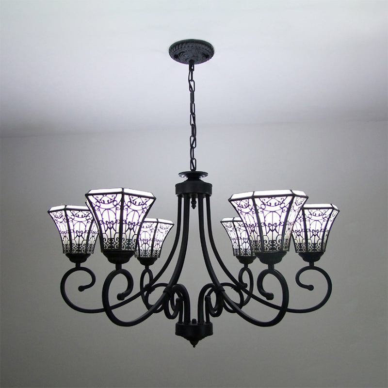White Glass Bell Pendant Light with Fence Design 6 Lights Lodge Style Chandelier Lamp in Black Clearhalo 'Ceiling Lights' 'Chandeliers' 'Industrial' 'Middle Century Chandeliers' 'Tiffany Chandeliers' 'Tiffany close to ceiling' 'Tiffany' Lighting' 177125