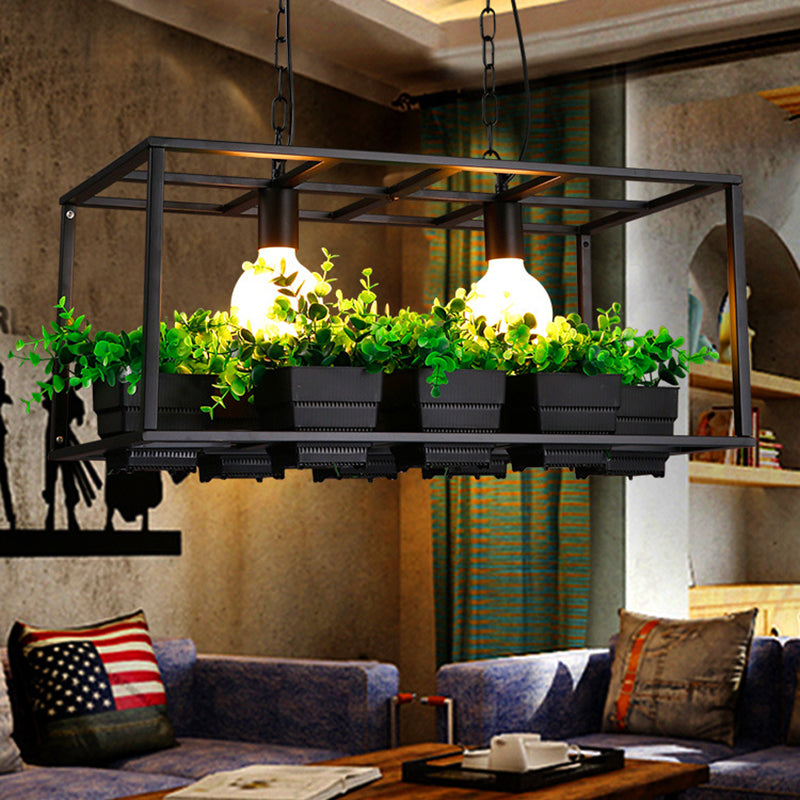 Black/White Rectangle Island Lamp Factory Metallic 2 Lights Living Room Hanging Light Fixture with Artificial Plant Deco Black Clearhalo 'Ceiling Lights' 'Island Lights' Lighting' 1771266