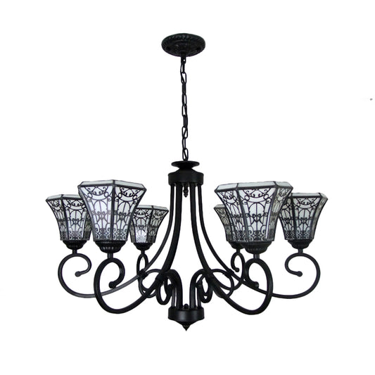 White Glass Bell Pendant Light with Fence Design 6 Lights Lodge Style Chandelier Lamp in Black Clearhalo 'Ceiling Lights' 'Chandeliers' 'Industrial' 'Middle Century Chandeliers' 'Tiffany Chandeliers' 'Tiffany close to ceiling' 'Tiffany' Lighting' 177126