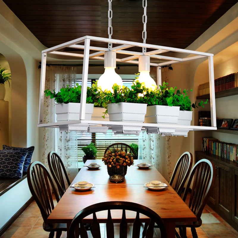 Black/White Rectangle Island Lamp Factory Metallic 2 Lights Living Room Hanging Light Fixture with Artificial Plant Deco White Clearhalo 'Ceiling Lights' 'Island Lights' Lighting' 1771270