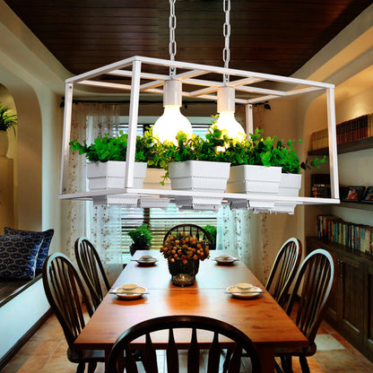 Black/White Rectangle Island Lamp Factory Metallic 2 Lights Living Room Hanging Light Fixture with Artificial Plant Deco White Clearhalo 'Ceiling Lights' 'Island Lights' Lighting' 1771270