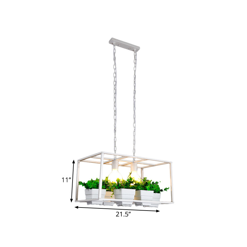 Black/White Rectangle Island Lamp Factory Metallic 2 Lights Living Room Hanging Light Fixture with Artificial Plant Deco Clearhalo 'Ceiling Lights' 'Island Lights' Lighting' 1771274