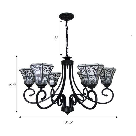 White Glass Bell Pendant Light with Fence Design 6 Lights Lodge Style Chandelier Lamp in Black Clearhalo 'Ceiling Lights' 'Chandeliers' 'Industrial' 'Middle Century Chandeliers' 'Tiffany Chandeliers' 'Tiffany close to ceiling' 'Tiffany' Lighting' 177127