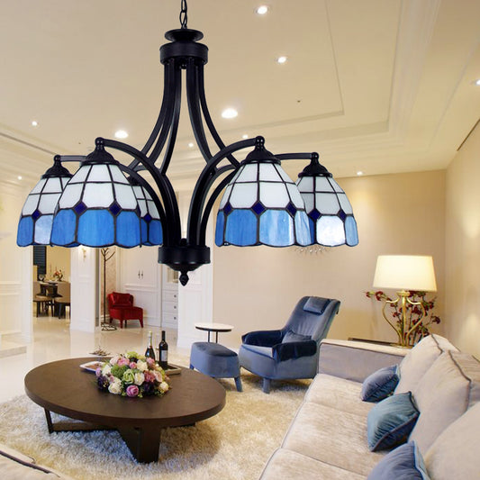 Stained Glass Dome Pendant Lighting Tiffany Style Multi Light Hanging Chandelier in Blue/Beige Blue Clearhalo 'Ceiling Lights' 'Chandeliers' 'Industrial' 'Middle Century Chandeliers' 'Tiffany Chandeliers' 'Tiffany close to ceiling' 'Tiffany' Lighting' 177128