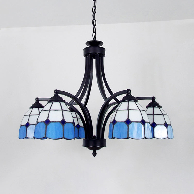Stained Glass Dome Pendant Lighting Tiffany Style Multi Light Hanging Chandelier in Blue/Beige Clearhalo 'Ceiling Lights' 'Chandeliers' 'Industrial' 'Middle Century Chandeliers' 'Tiffany Chandeliers' 'Tiffany close to ceiling' 'Tiffany' Lighting' 177129