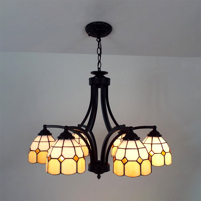 Stained Glass Dome Pendant Lighting Tiffany Style Multi Light Hanging Chandelier in Blue/Beige Clearhalo 'Ceiling Lights' 'Chandeliers' 'Industrial' 'Middle Century Chandeliers' 'Tiffany Chandeliers' 'Tiffany close to ceiling' 'Tiffany' Lighting' 177133