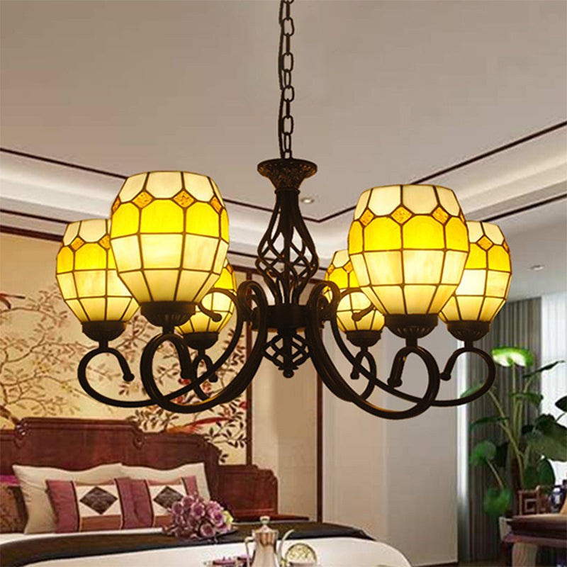 6/8 Lights Oval Pendant Lighting with Curved Arm Brown Glass Vintage Chandelier Lamp for Living Room Clearhalo 'Ceiling Lights' 'Chandeliers' 'Industrial' 'Middle Century Chandeliers' 'Tiffany Chandeliers' 'Tiffany close to ceiling' 'Tiffany' Lighting' 177136