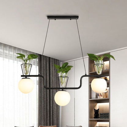 Black 3-Bulb Island Light Fixture Industrial Opal Glass Globe Pendant Lamp with Clear Glass Pot Black Clearhalo 'Ceiling Lights' 'Glass shade' 'Glass' 'Island Lights' 'Pendant Lights' Lighting' 1771363