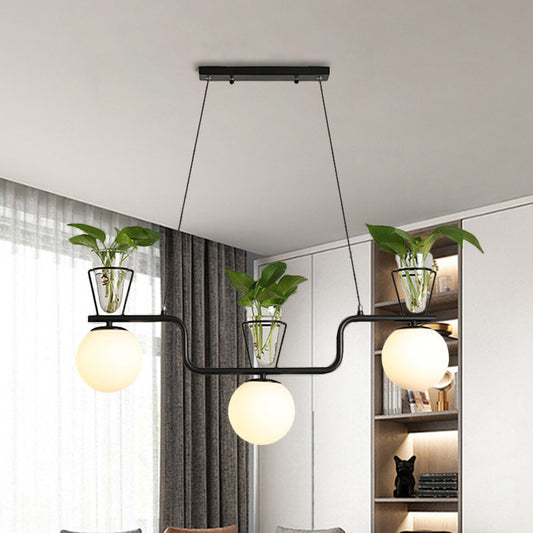 Black 3-Bulb Island Light Fixture Industrial Opal Glass Globe Pendant Lamp with Clear Glass Pot Black Clearhalo 'Ceiling Lights' 'Glass shade' 'Glass' 'Island Lights' 'Pendant Lights' Lighting' 1771363