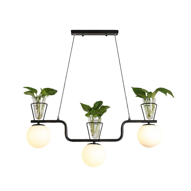 Black 3-Bulb Island Light Fixture Industrial Opal Glass Globe Pendant Lamp with Clear Glass Pot Clearhalo 'Ceiling Lights' 'Glass shade' 'Glass' 'Island Lights' 'Pendant Lights' Lighting' 1771365