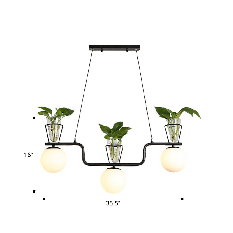 Black 3-Bulb Island Light Fixture Industrial Opal Glass Globe Pendant Lamp with Clear Glass Pot Clearhalo 'Ceiling Lights' 'Glass shade' 'Glass' 'Island Lights' 'Pendant Lights' Lighting' 1771366