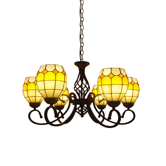 6/8 Lights Oval Pendant Lighting with Curved Arm Brown Glass Vintage Chandelier Lamp for Living Room Clearhalo 'Ceiling Lights' 'Chandeliers' 'Industrial' 'Middle Century Chandeliers' 'Tiffany Chandeliers' 'Tiffany close to ceiling' 'Tiffany' Lighting' 177137
