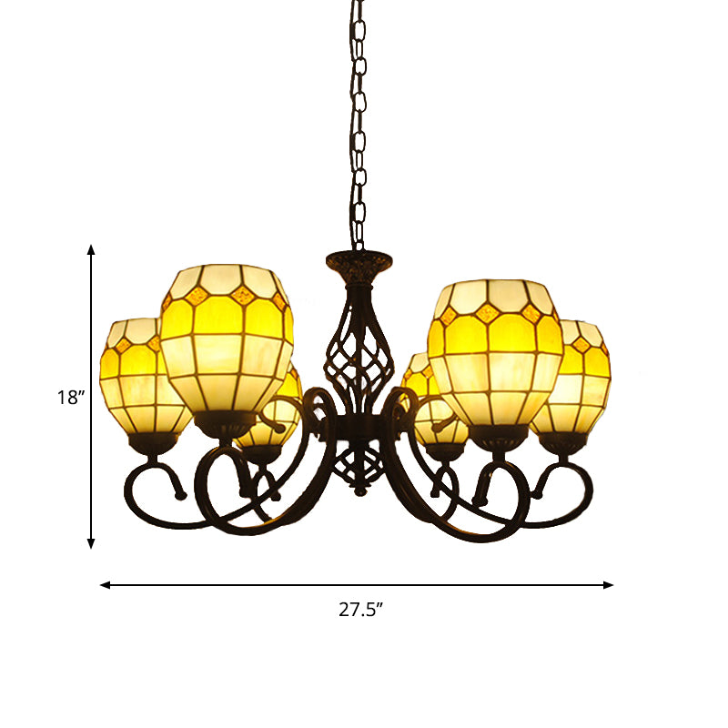 6/8 Lights Oval Pendant Lighting with Curved Arm Brown Glass Vintage Chandelier Lamp for Living Room Clearhalo 'Ceiling Lights' 'Chandeliers' 'Industrial' 'Middle Century Chandeliers' 'Tiffany Chandeliers' 'Tiffany close to ceiling' 'Tiffany' Lighting' 177138