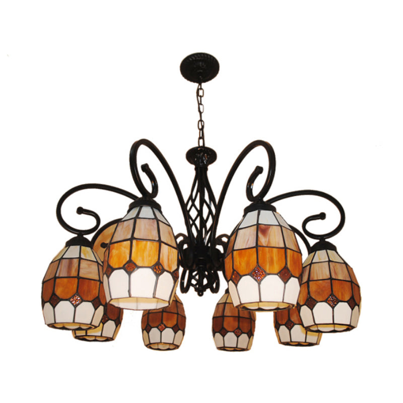 6/8 Lights Oval Pendant Lighting with Curved Arm Brown Glass Vintage Chandelier Lamp for Living Room Clearhalo 'Ceiling Lights' 'Chandeliers' 'Industrial' 'Middle Century Chandeliers' 'Tiffany Chandeliers' 'Tiffany close to ceiling' 'Tiffany' Lighting' 177141