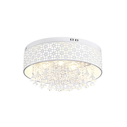 White Drum Flush Ceiling Light Modernity LED Metal Lighting Fixture with Crystal Droplet Clearhalo 'Ceiling Lights' 'Close To Ceiling Lights' 'Close to ceiling' 'Flush mount' Lighting' 1771417