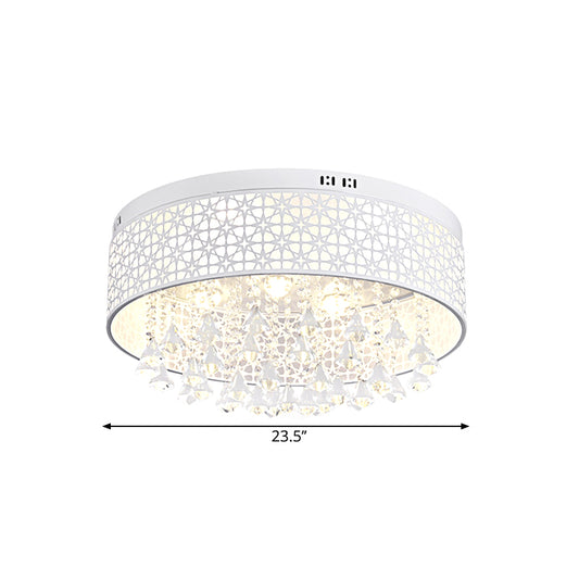 White Drum Flush Ceiling Light Modernity LED Metal Lighting Fixture with Crystal Droplet Clearhalo 'Ceiling Lights' 'Close To Ceiling Lights' 'Close to ceiling' 'Flush mount' Lighting' 1771419