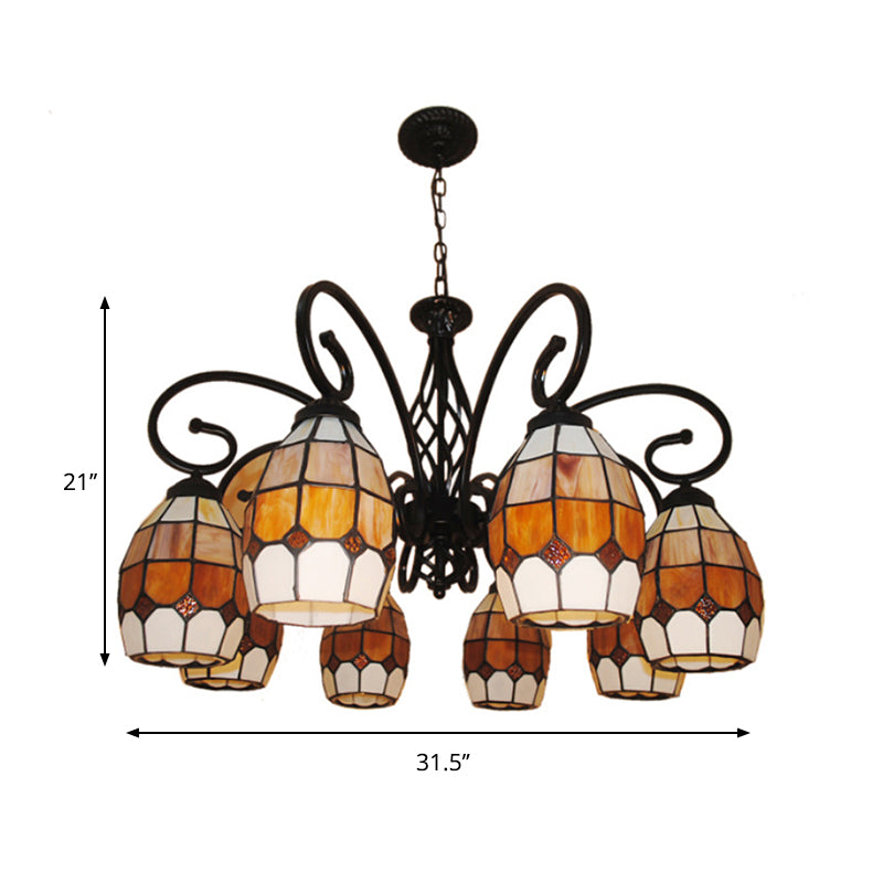 6/8 Lights Oval Pendant Lighting with Curved Arm Brown Glass Vintage Chandelier Lamp for Living Room Clearhalo 'Ceiling Lights' 'Chandeliers' 'Industrial' 'Middle Century Chandeliers' 'Tiffany Chandeliers' 'Tiffany close to ceiling' 'Tiffany' Lighting' 177142