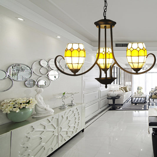 3 Lights Oval Pendant Light Stained Glass Tiffany Chandelier Lighting in Yellow for Bedroom Clearhalo 'Ceiling Lights' 'Chandeliers' 'Industrial' 'Middle Century Chandeliers' 'Tiffany Chandeliers' 'Tiffany close to ceiling' 'Tiffany' Lighting' 177144