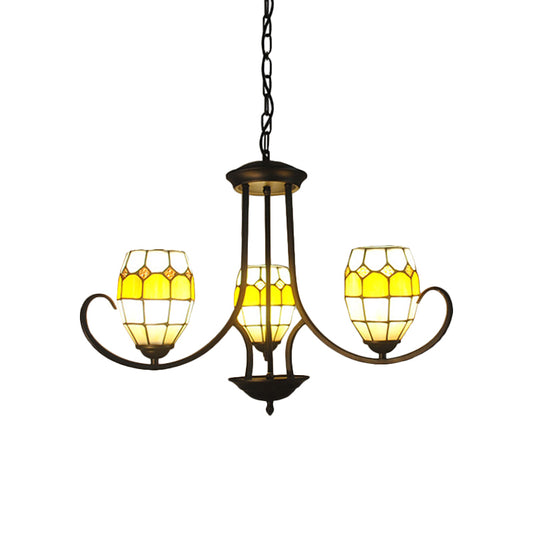 3 Lights Oval Pendant Light Stained Glass Tiffany Chandelier Lighting in Yellow for Bedroom Clearhalo 'Ceiling Lights' 'Chandeliers' 'Industrial' 'Middle Century Chandeliers' 'Tiffany Chandeliers' 'Tiffany close to ceiling' 'Tiffany' Lighting' 177145