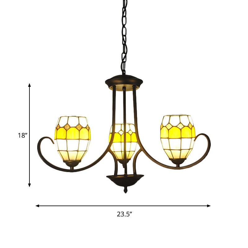 3 Lights Oval Pendant Light Stained Glass Tiffany Chandelier Lighting in Yellow for Bedroom Clearhalo 'Ceiling Lights' 'Chandeliers' 'Industrial' 'Middle Century Chandeliers' 'Tiffany Chandeliers' 'Tiffany close to ceiling' 'Tiffany' Lighting' 177146