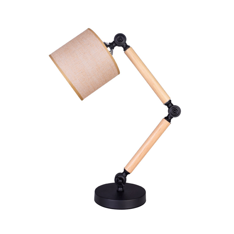 Simple Cylinder Desk Light Fabric 1 Light Bedroom Table Lamp in Black with Wood Adjustable Arm Clearhalo 'Lamps' 'Table Lamps' Lighting' 1771477