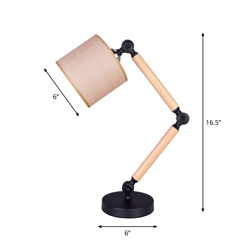 Simple Cylinder Desk Light Fabric 1 Light Bedroom Table Lamp in Black with Wood Adjustable Arm Clearhalo 'Lamps' 'Table Lamps' Lighting' 1771478