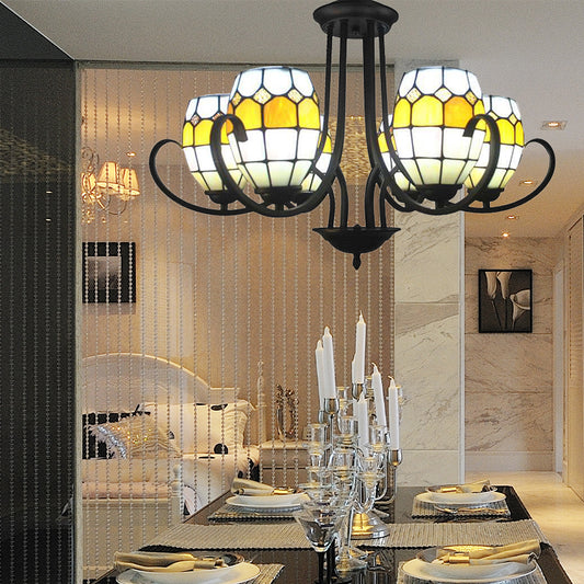 Oval Chandelier Lamp with Adjustable Chain 6/8 Lights Stained Glass Pendant Light in Yellow for Restaurant 6 Yellow Clearhalo 'Ceiling Lights' 'Chandeliers' 'Industrial' 'Middle Century Chandeliers' 'Tiffany Chandeliers' 'Tiffany close to ceiling' 'Tiffany' Lighting' 177147