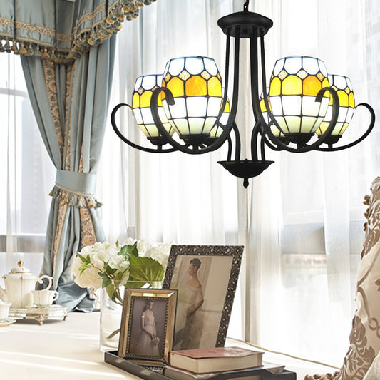 Oval Chandelier Lamp with Adjustable Chain 6/8 Lights Stained Glass Pendant Light in Yellow for Restaurant Clearhalo 'Ceiling Lights' 'Chandeliers' 'Industrial' 'Middle Century Chandeliers' 'Tiffany Chandeliers' 'Tiffany close to ceiling' 'Tiffany' Lighting' 177148