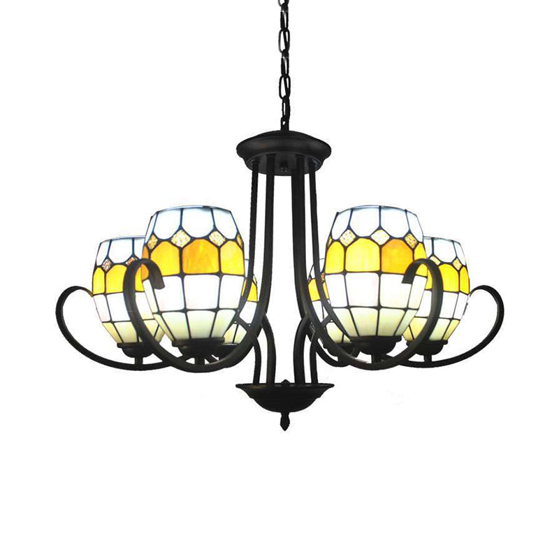 Oval Chandelier Lamp with Adjustable Chain 6/8 Lights Stained Glass Pendant Light in Yellow for Restaurant Clearhalo 'Ceiling Lights' 'Chandeliers' 'Industrial' 'Middle Century Chandeliers' 'Tiffany Chandeliers' 'Tiffany close to ceiling' 'Tiffany' Lighting' 177149